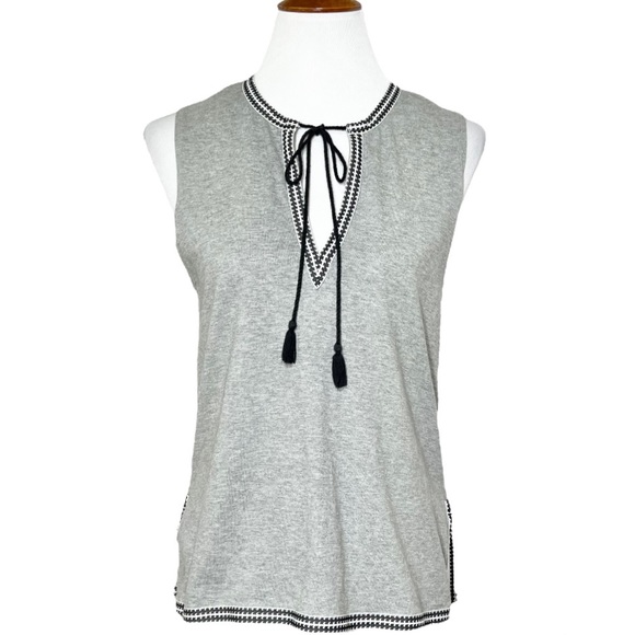 J. Crew Tops - J. Crew Gray Embroidered Tasseled Tie Neck Sleeveless Tank Top Tunic Tee